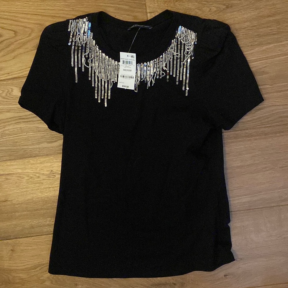 INC sequins black top with puffed sleeve